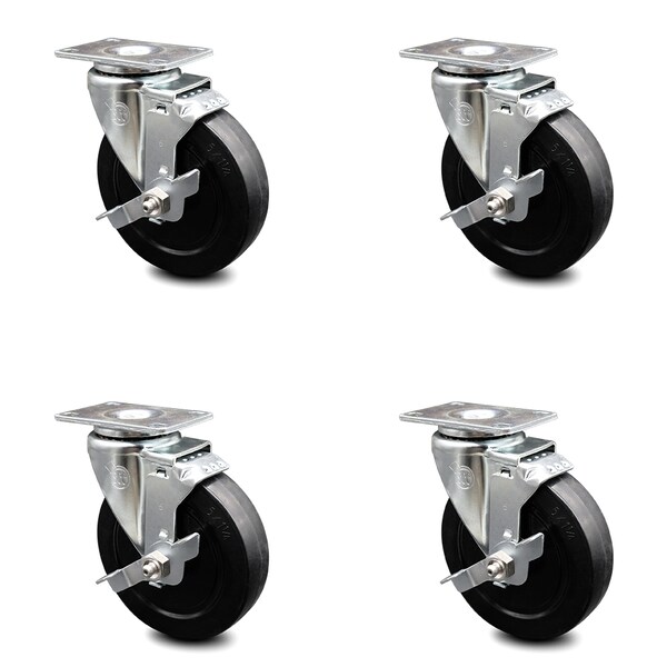 5 Inch Soft Rubber Wheel Swivel Top Plate Caster Set with Brake